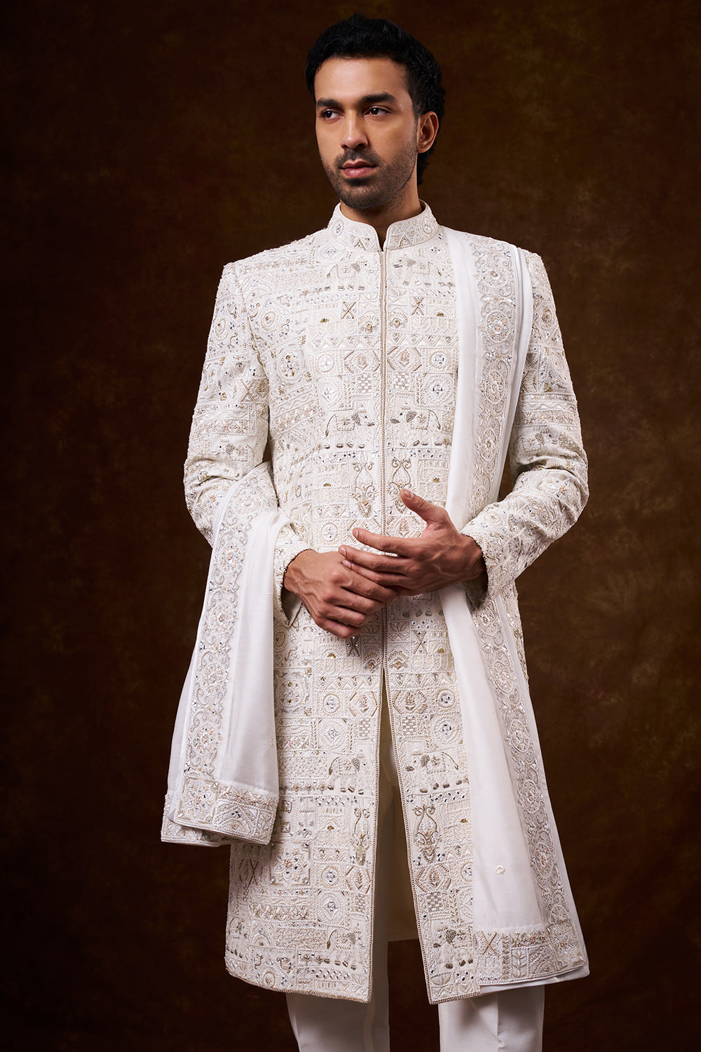 Ivory Nokia Silk Groom’s Sherwani with Mirror Work