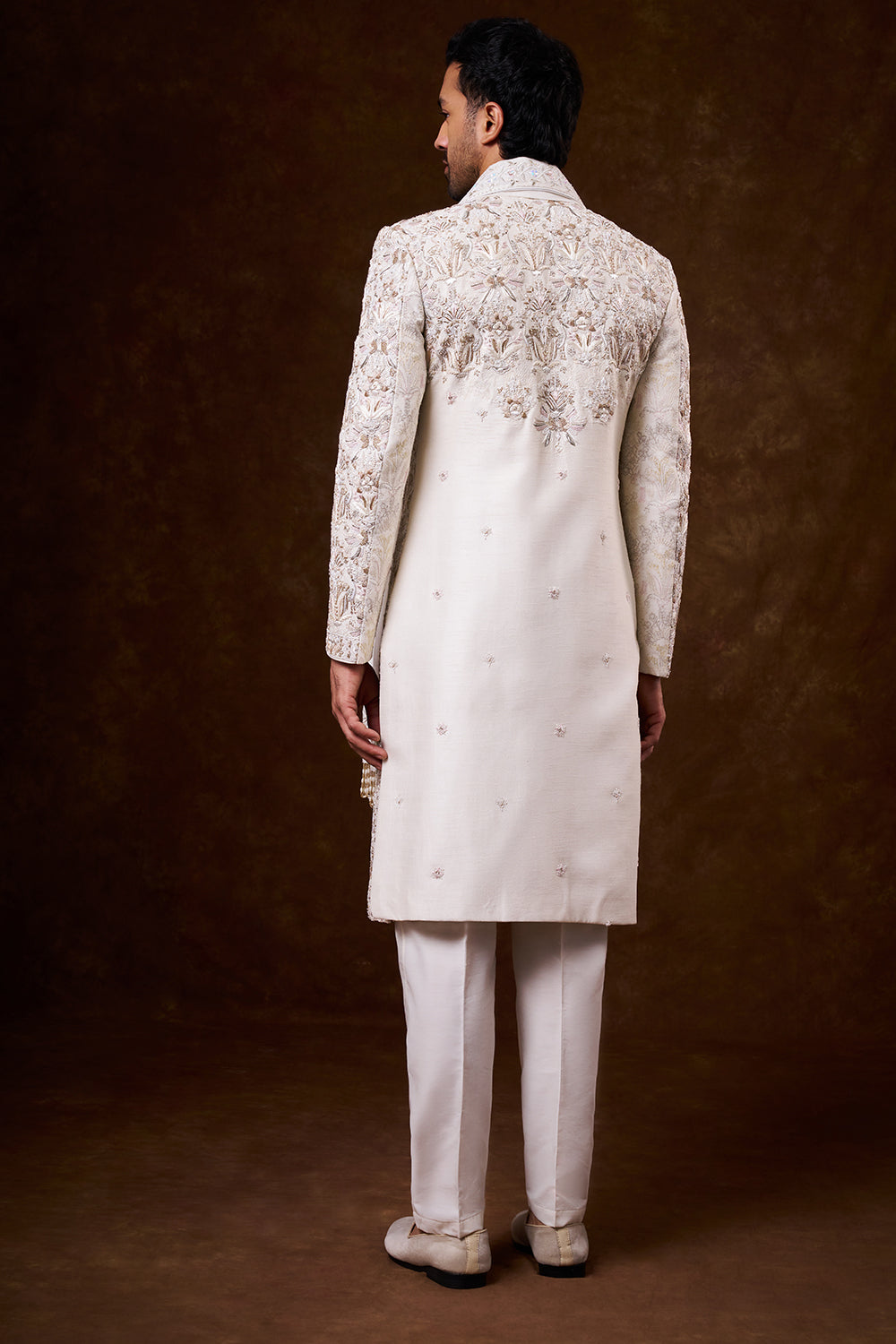 Ivory Nokia Silk Groom’s Sherwani with Zardozi Work