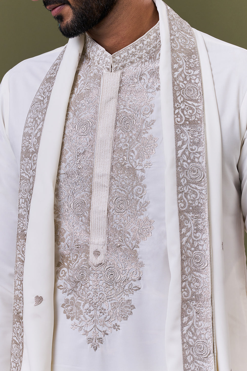 Ivory Polyester Cotton Bead Kurta Set with Stole
