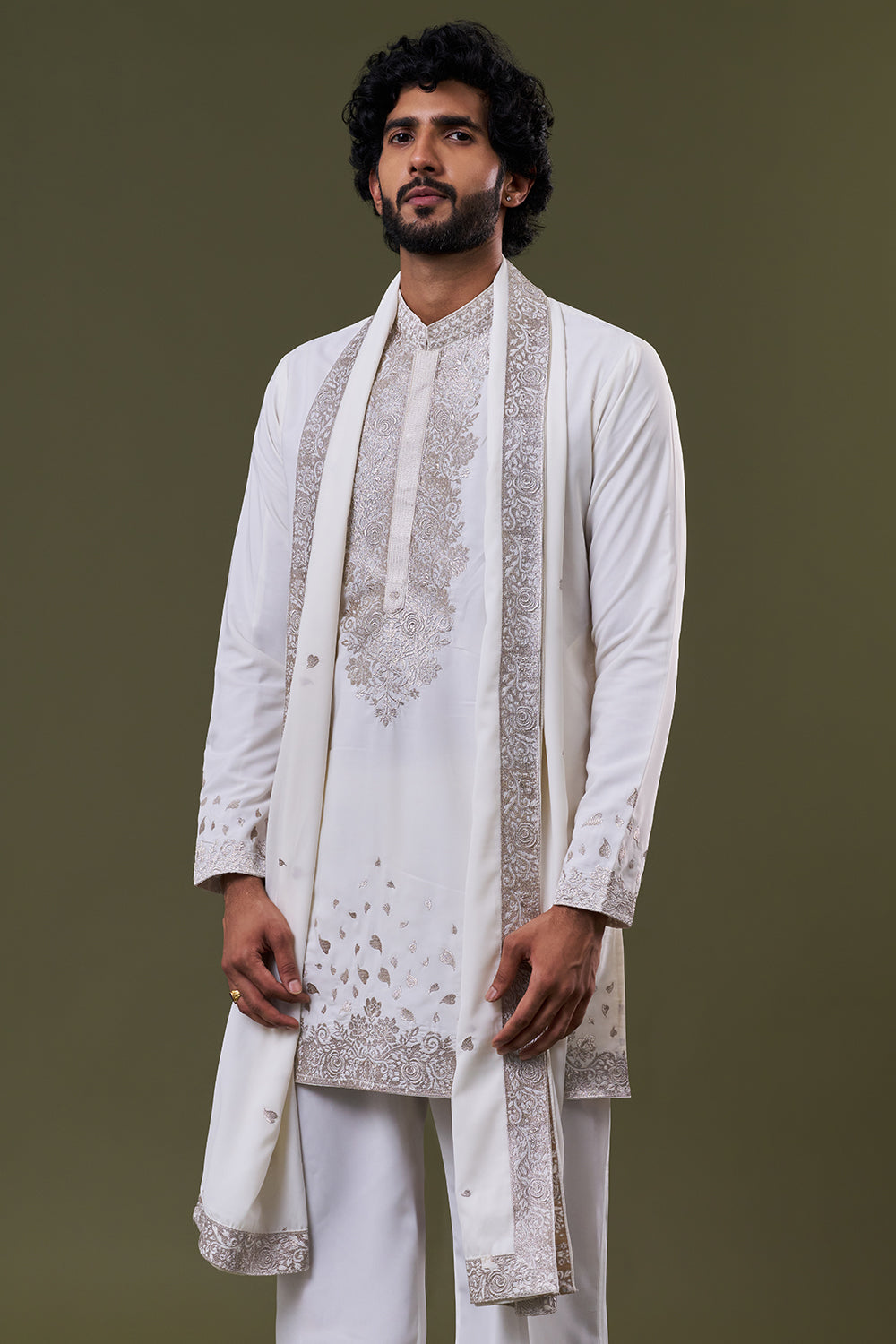 Ivory Polyester Cotton Bead Kurta Set with Stole