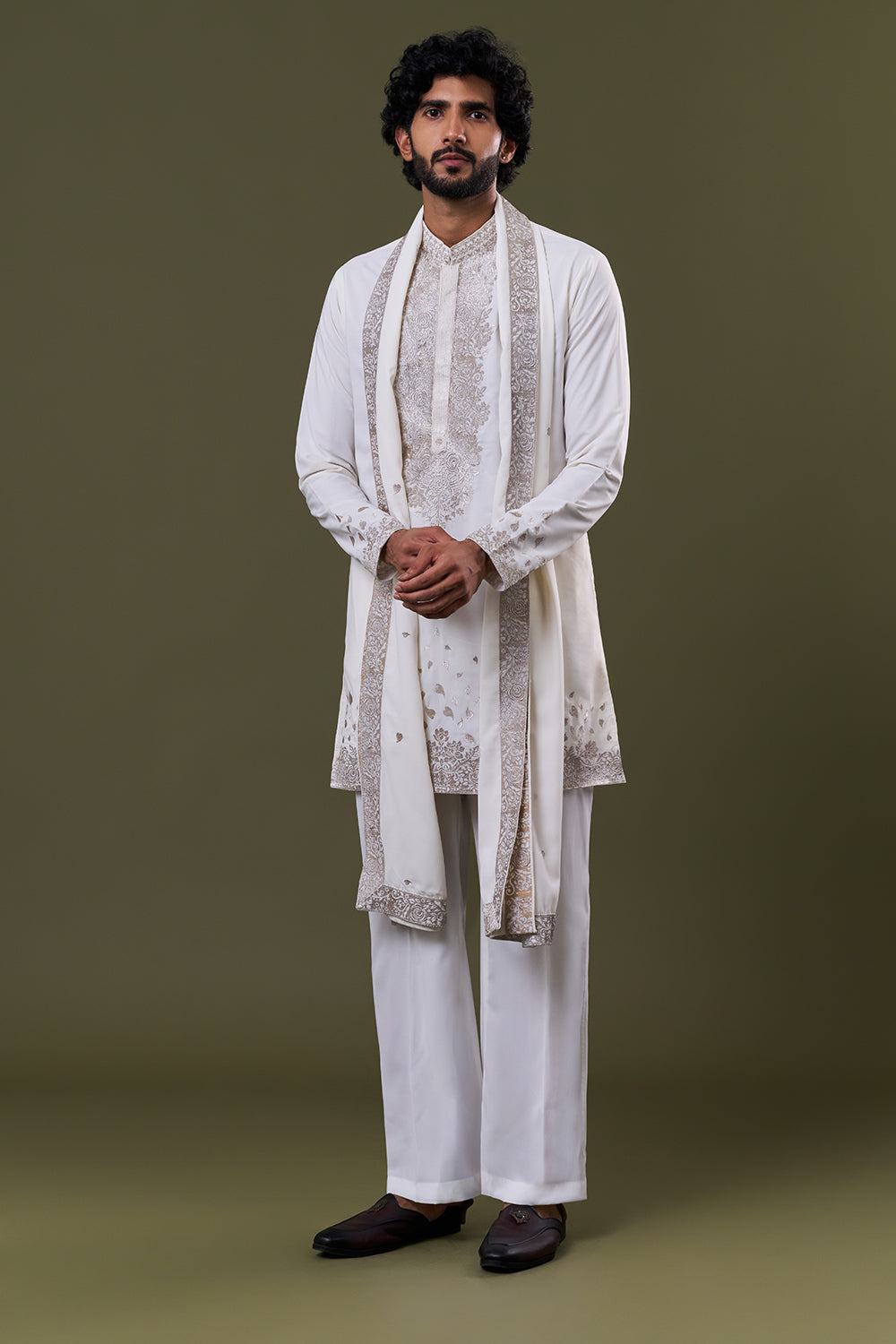 Ivory Polyester Cotton Bead Kurta Set with Stole