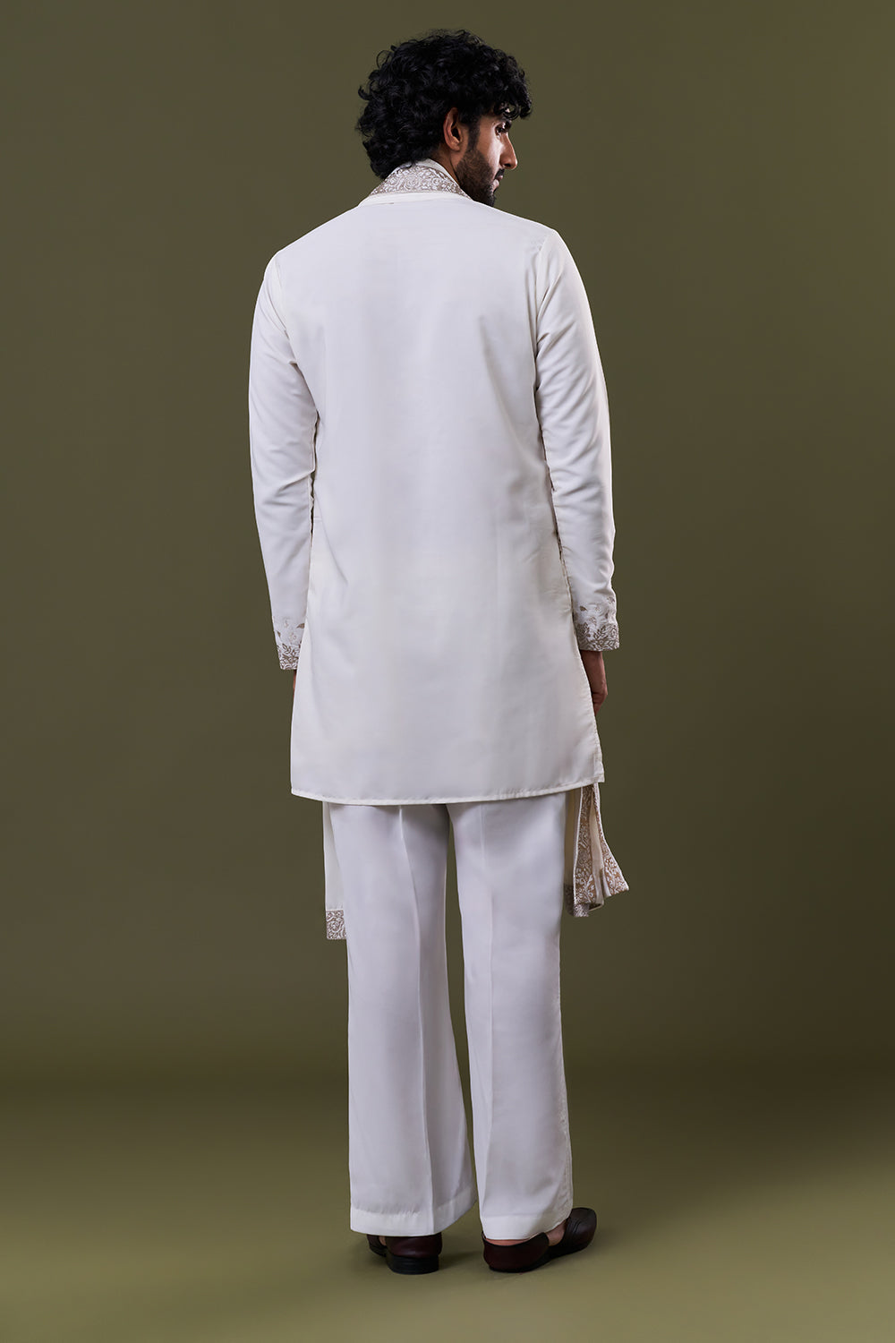 Ivory Polyester Cotton Bead Kurta Set with Stole