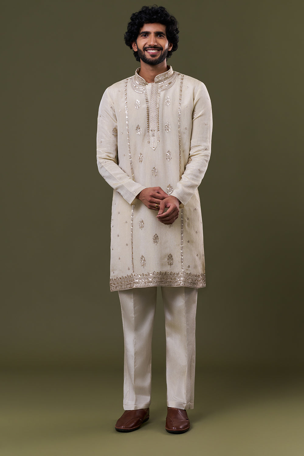Ivory Polyester Cotton Resham Zari Embellished Kurta Set