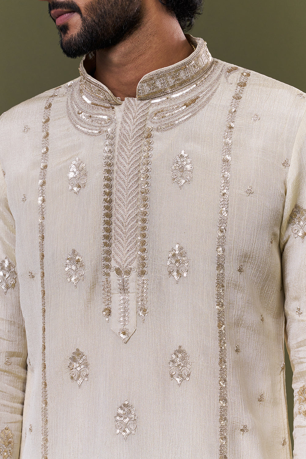 Ivory Polyester Cotton Resham Zari Embellished Kurta Set