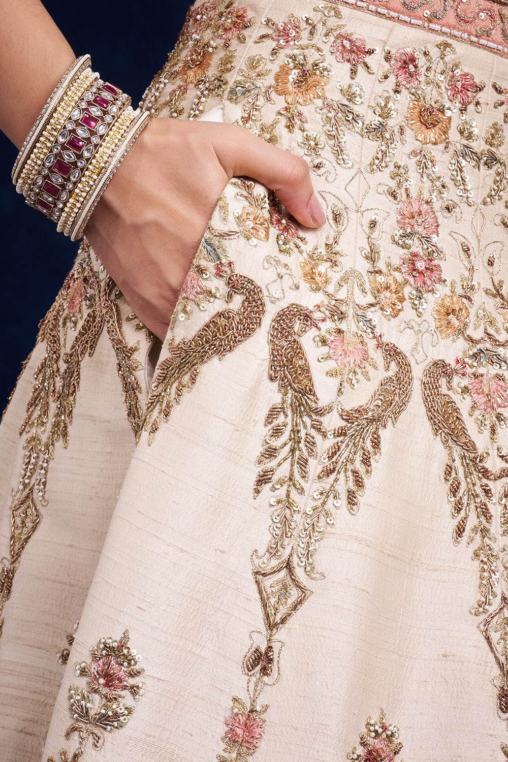 Ivory Raw Silk Bridal Lehenga with Cutdana and Zari Work