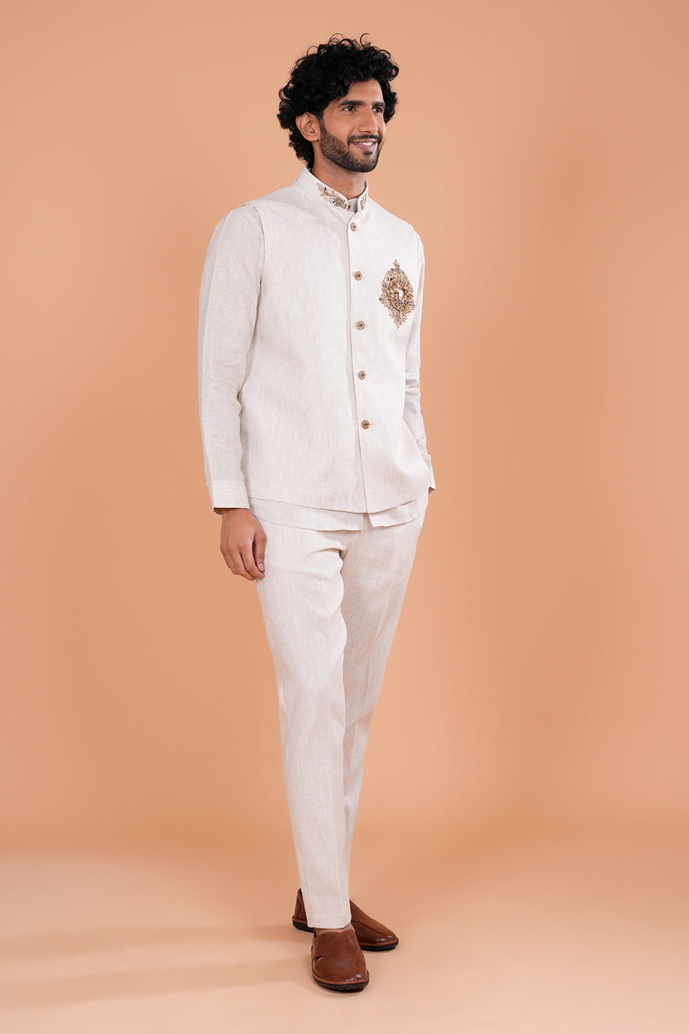 Ivory Regal Linen Embroidered Men's Koti Set