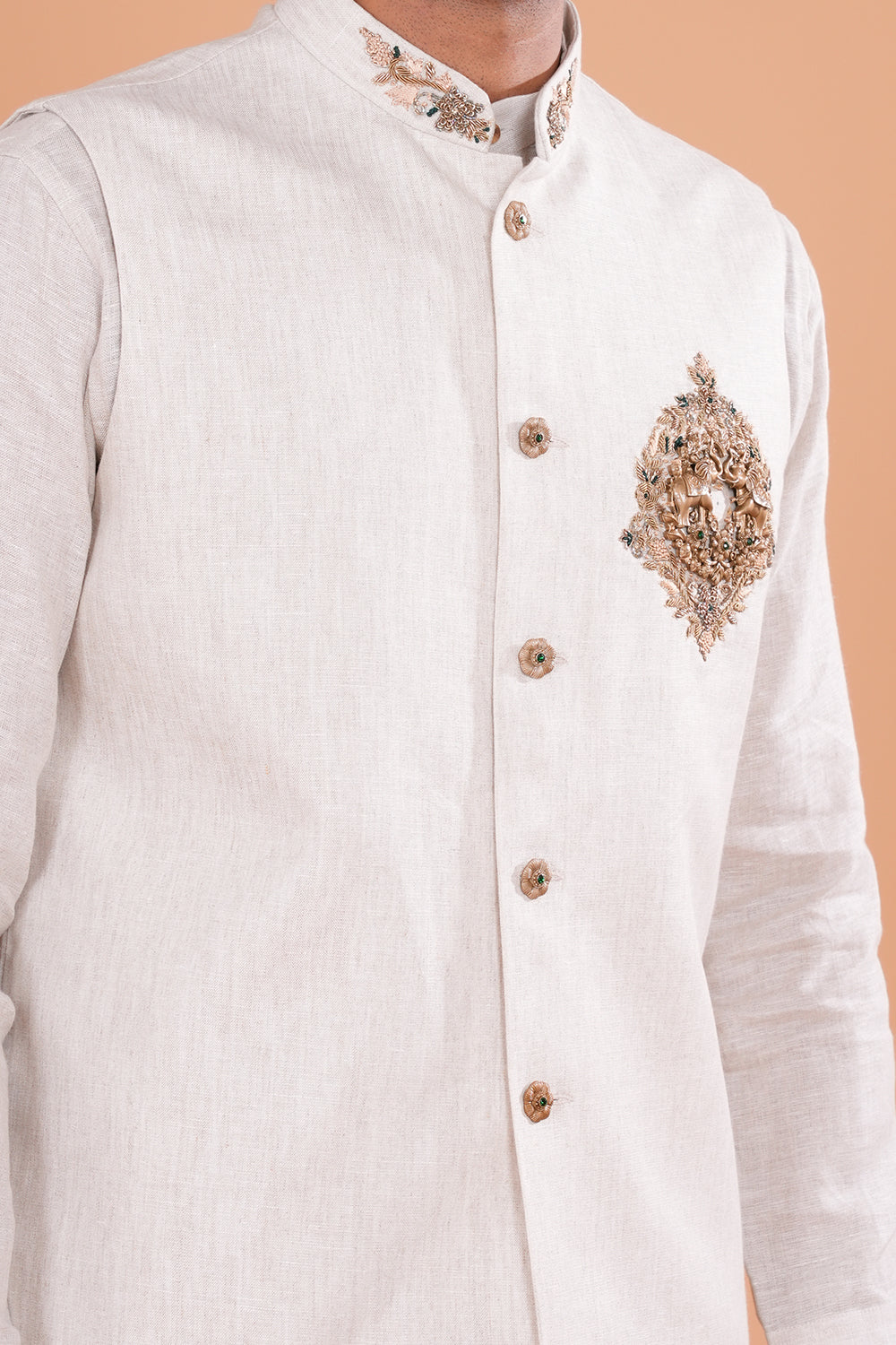 Ivory Regal Linen Embroidered Men's Koti Set