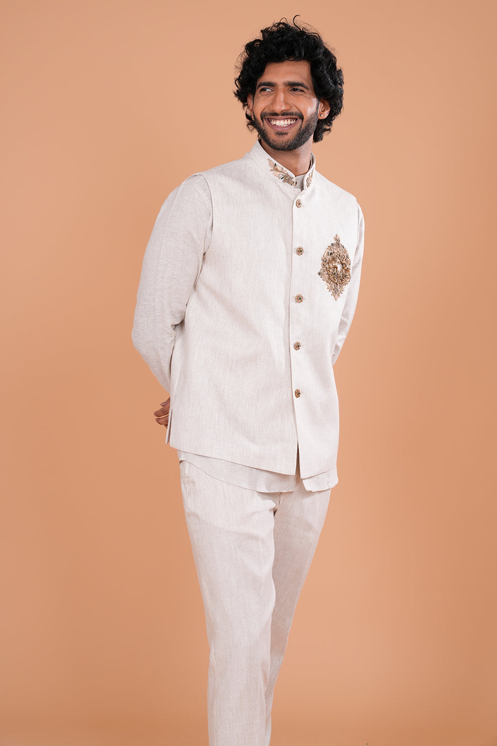 Ivory Regal Linen Embroidered Men's Koti Set