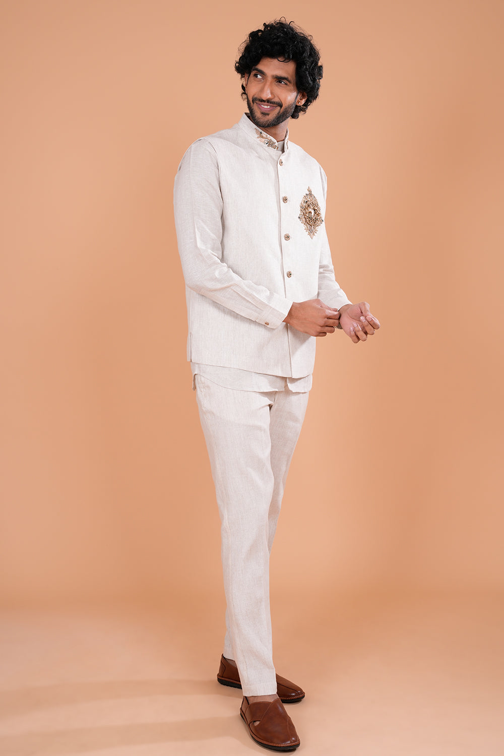 Ivory Regal Linen Embroidered Men's Koti Set