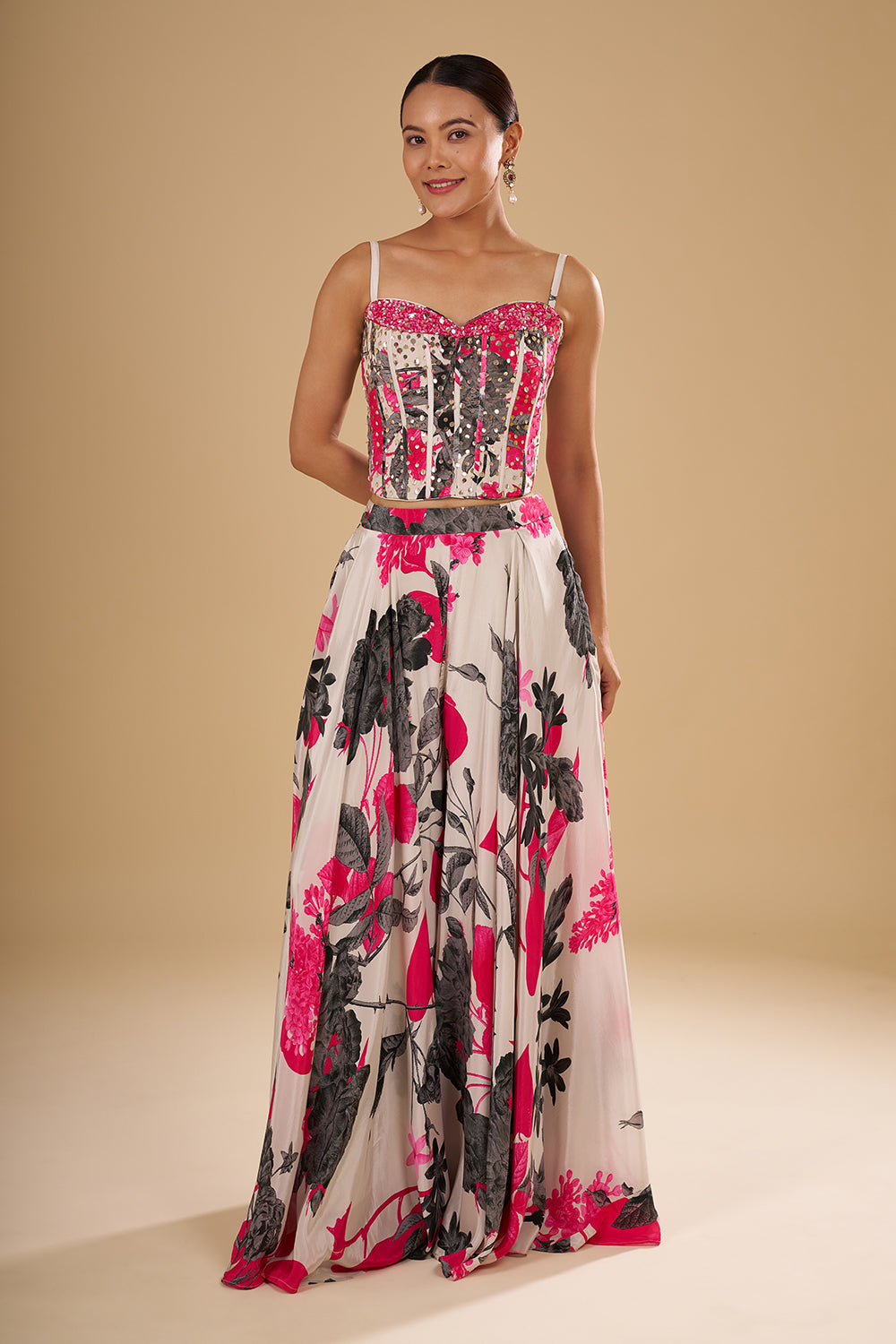 Ivory Satin Blend Corset Lehenga Set with Sequin Embellishments