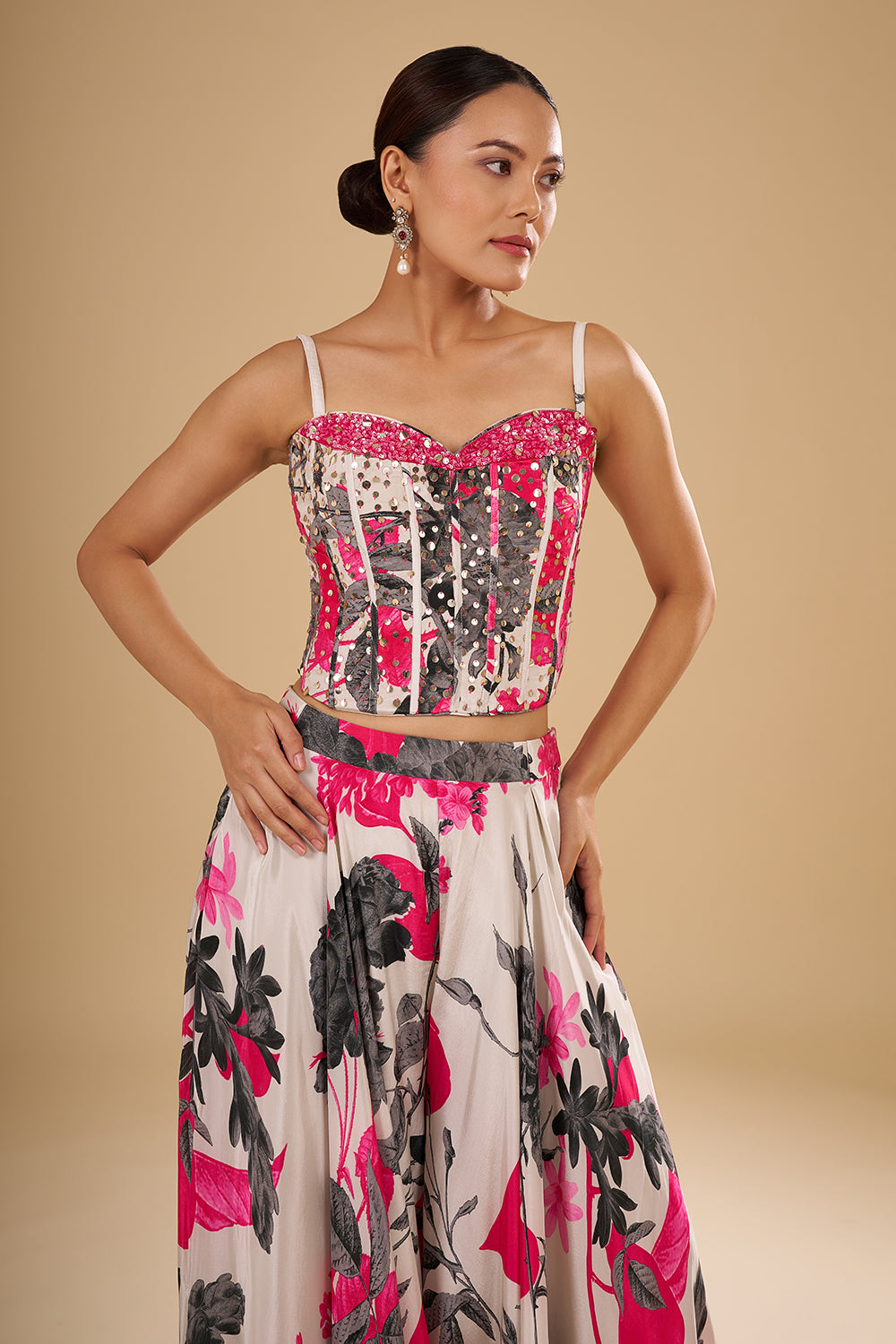 Ivory Satin Blend Corset Lehenga Set with Sequin Embellishments