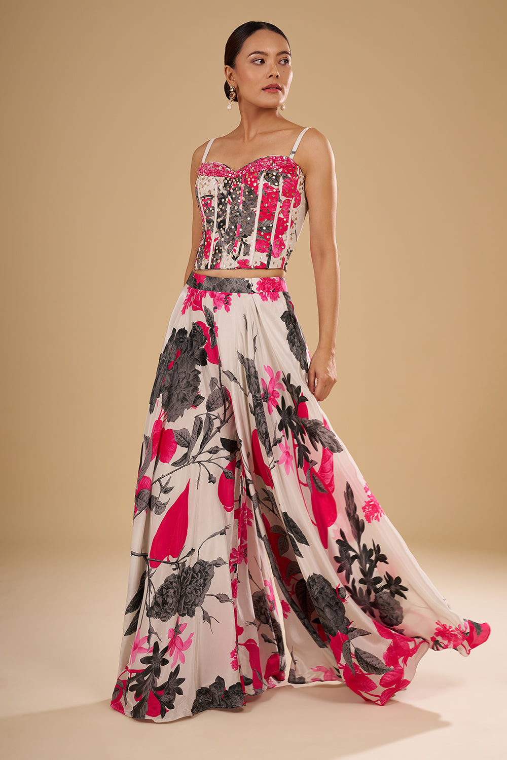 Ivory Satin Blend Corset Lehenga Set with Sequin Embellishments