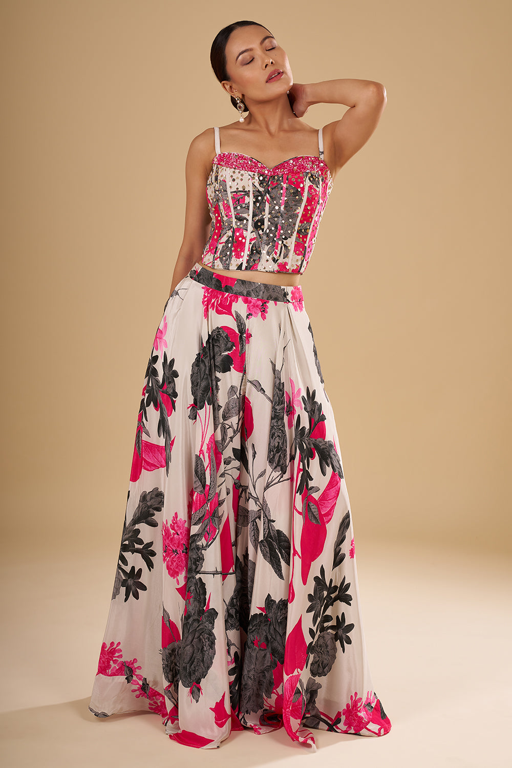 Ivory Satin Blend Corset Lehenga Set with Sequin Embellishments