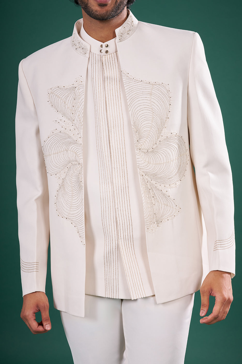 Ivory Satin Embellished Indo-Western Set