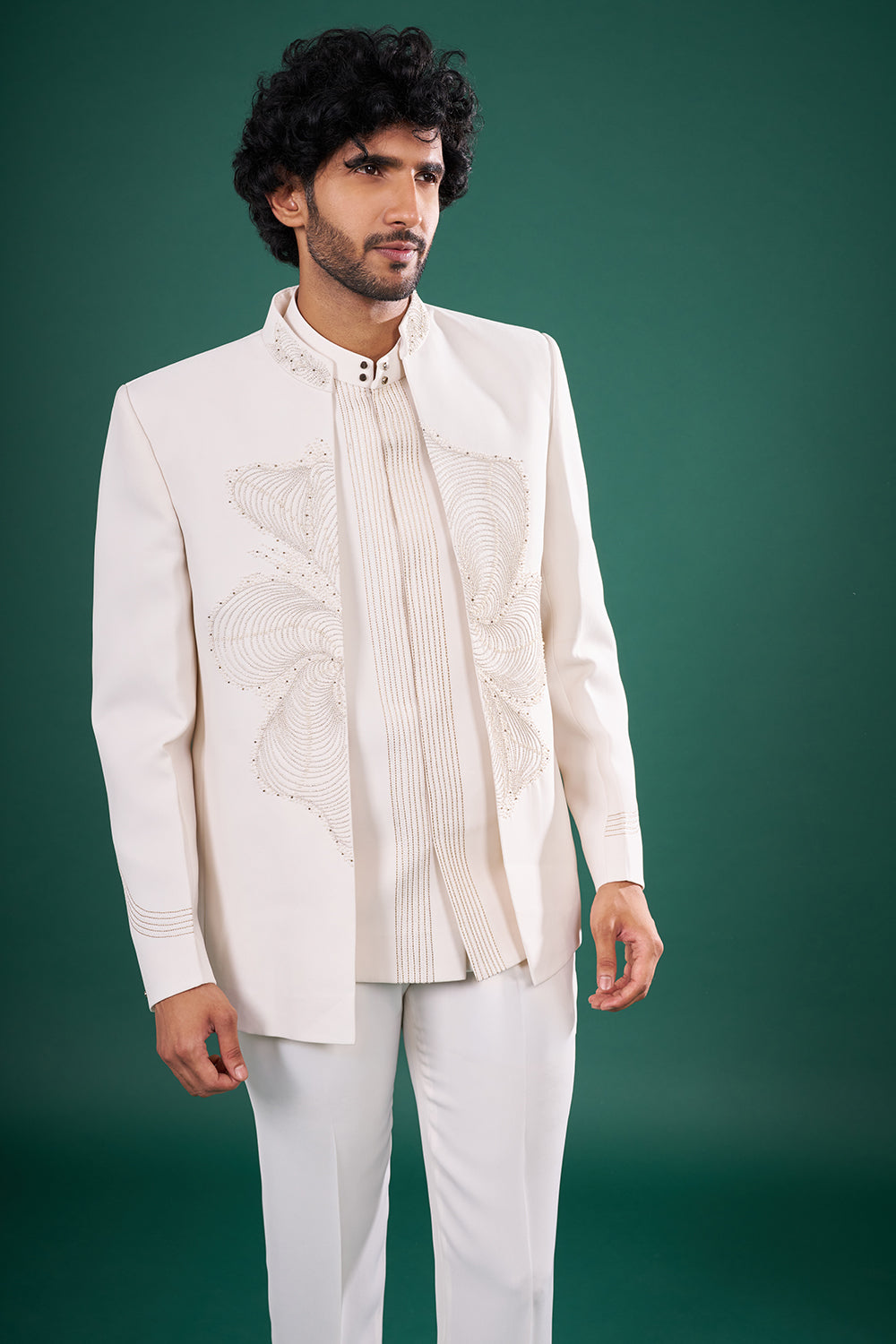Ivory Satin Embellished Indo-Western Set