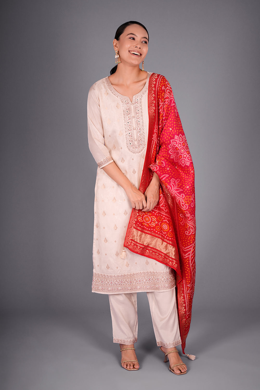 Ivory Self Jacquard Kurta Set with Zari and Mirror Work