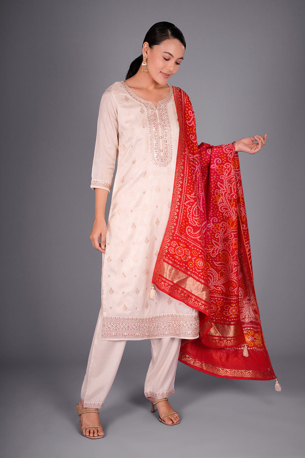 Ivory Self Jacquard Kurta Set with Zari and Mirror Work
