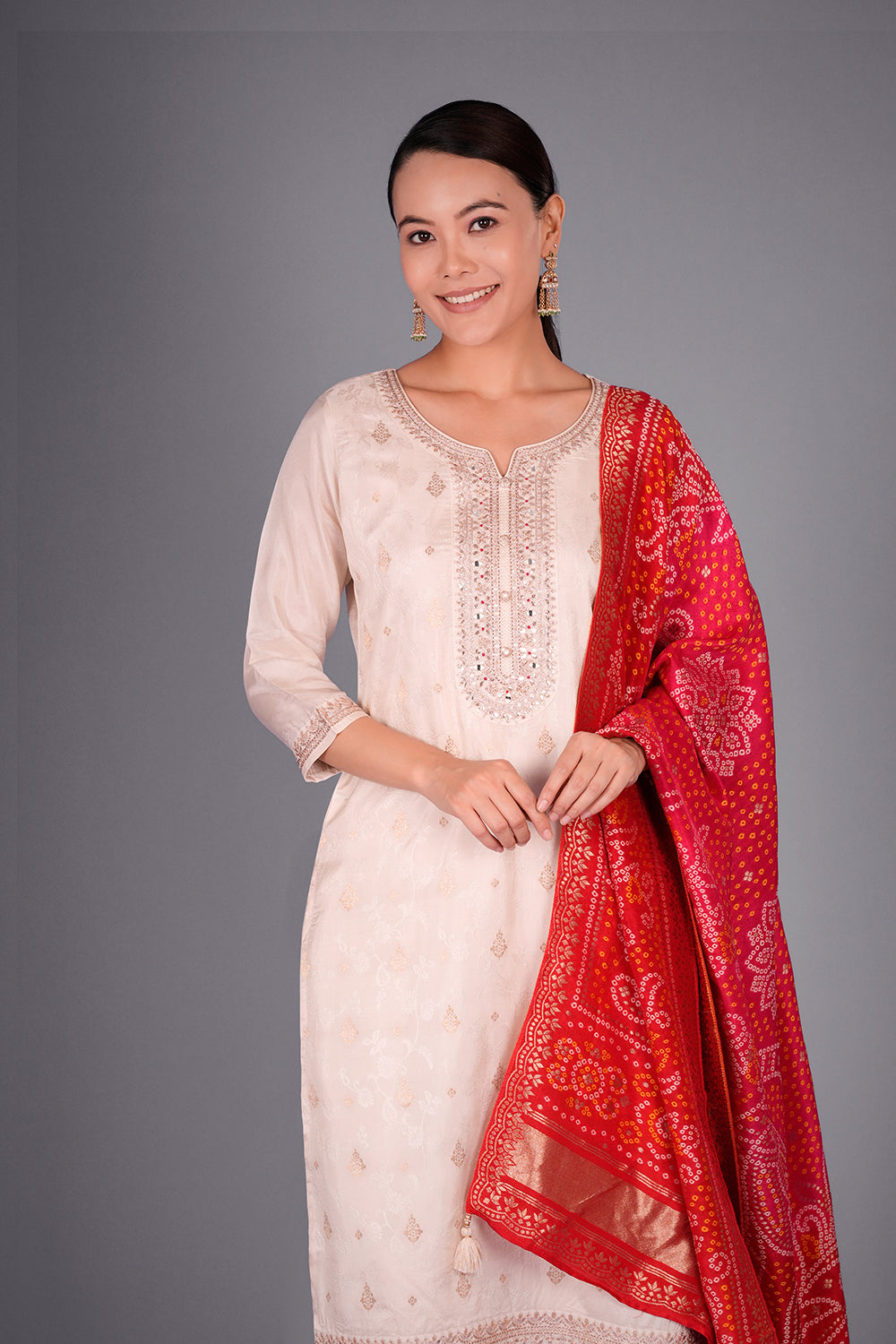 Ivory Self Jacquard Kurta Set with Zari and Mirror Work