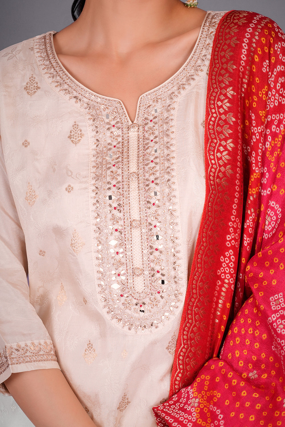 Ivory Self Jacquard Kurta Set with Zari and Mirror Work
