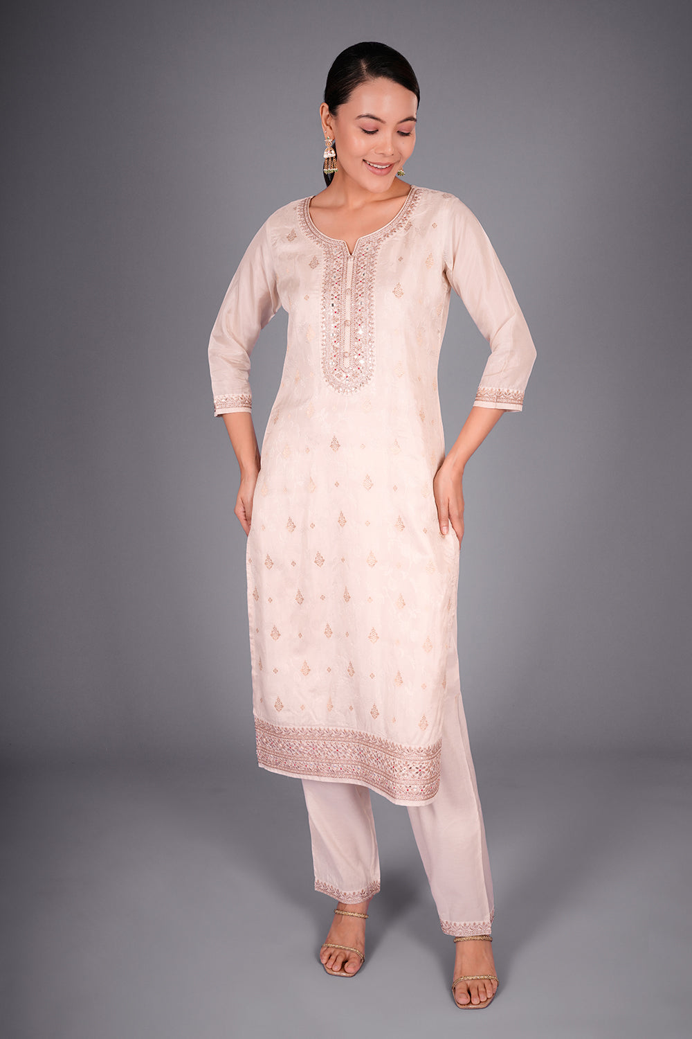 Ivory Self Jacquard Kurta Set with Zari and Mirror Work