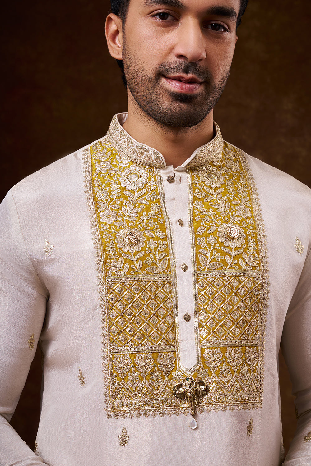 Ivory Shimmer Georgette Men's Kurta Set with Dori Work