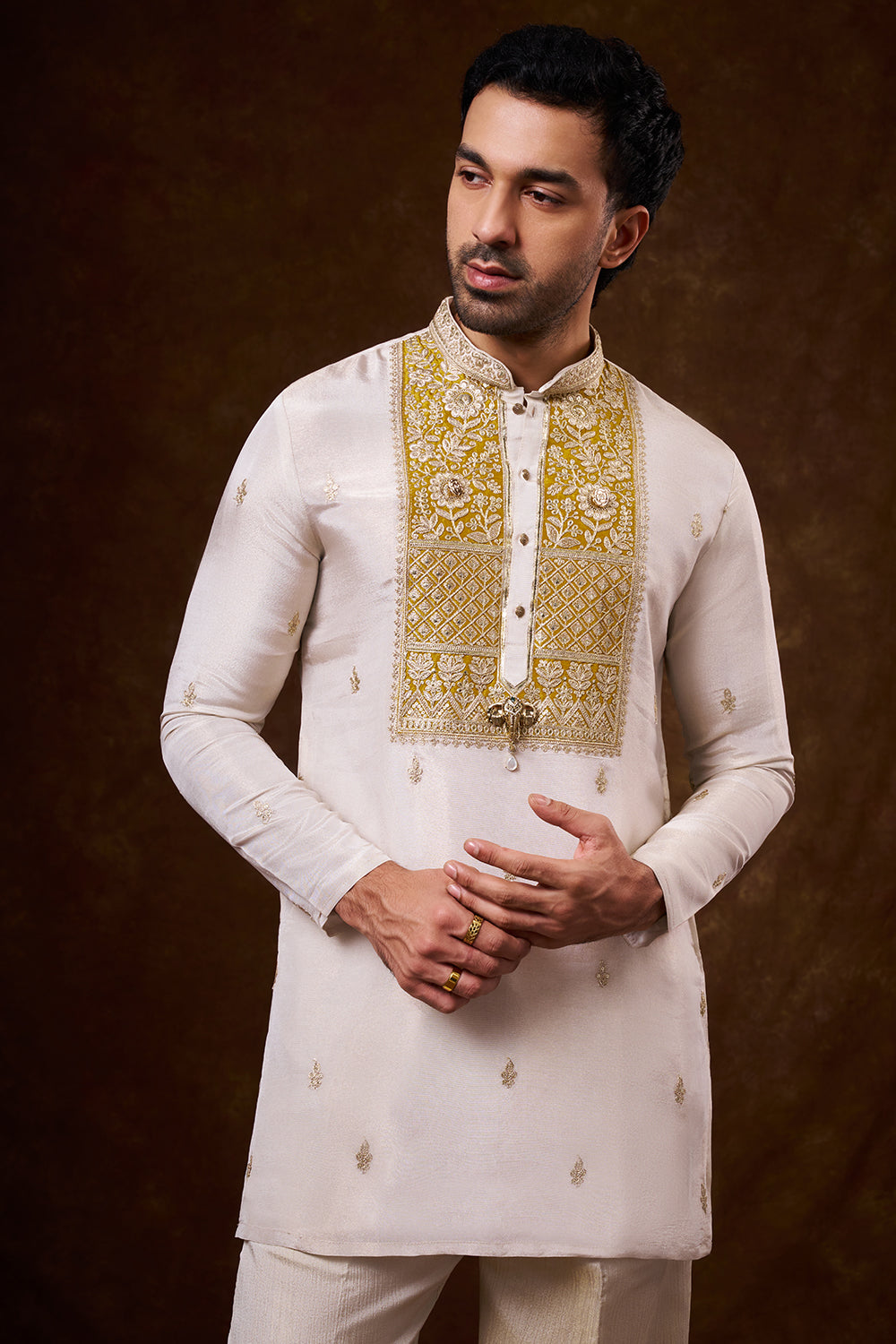 Ivory Shimmer Georgette Men's Kurta Set with Dori Work