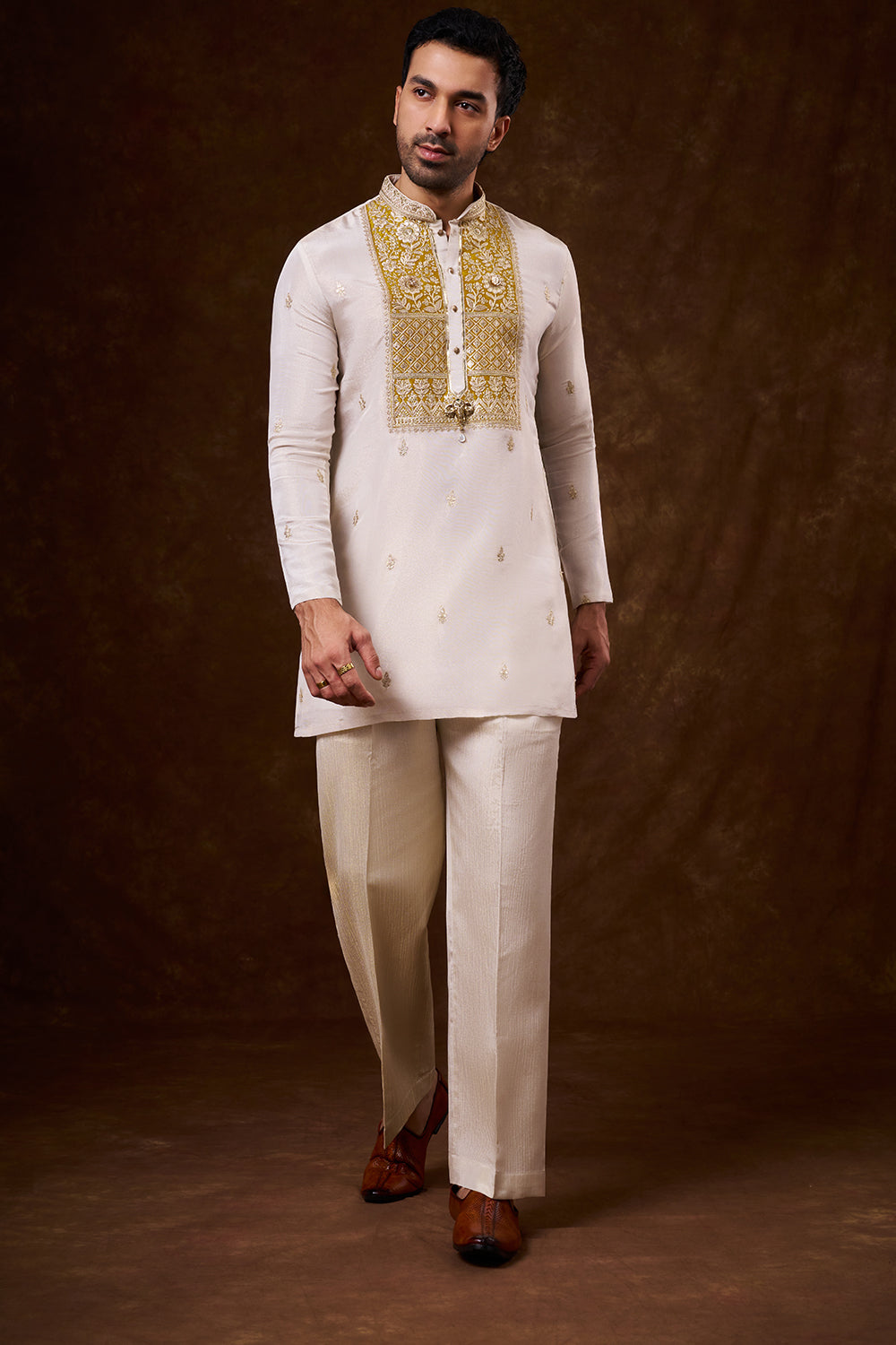 Ivory Shimmer Georgette Men's Kurta Set with Dori Work