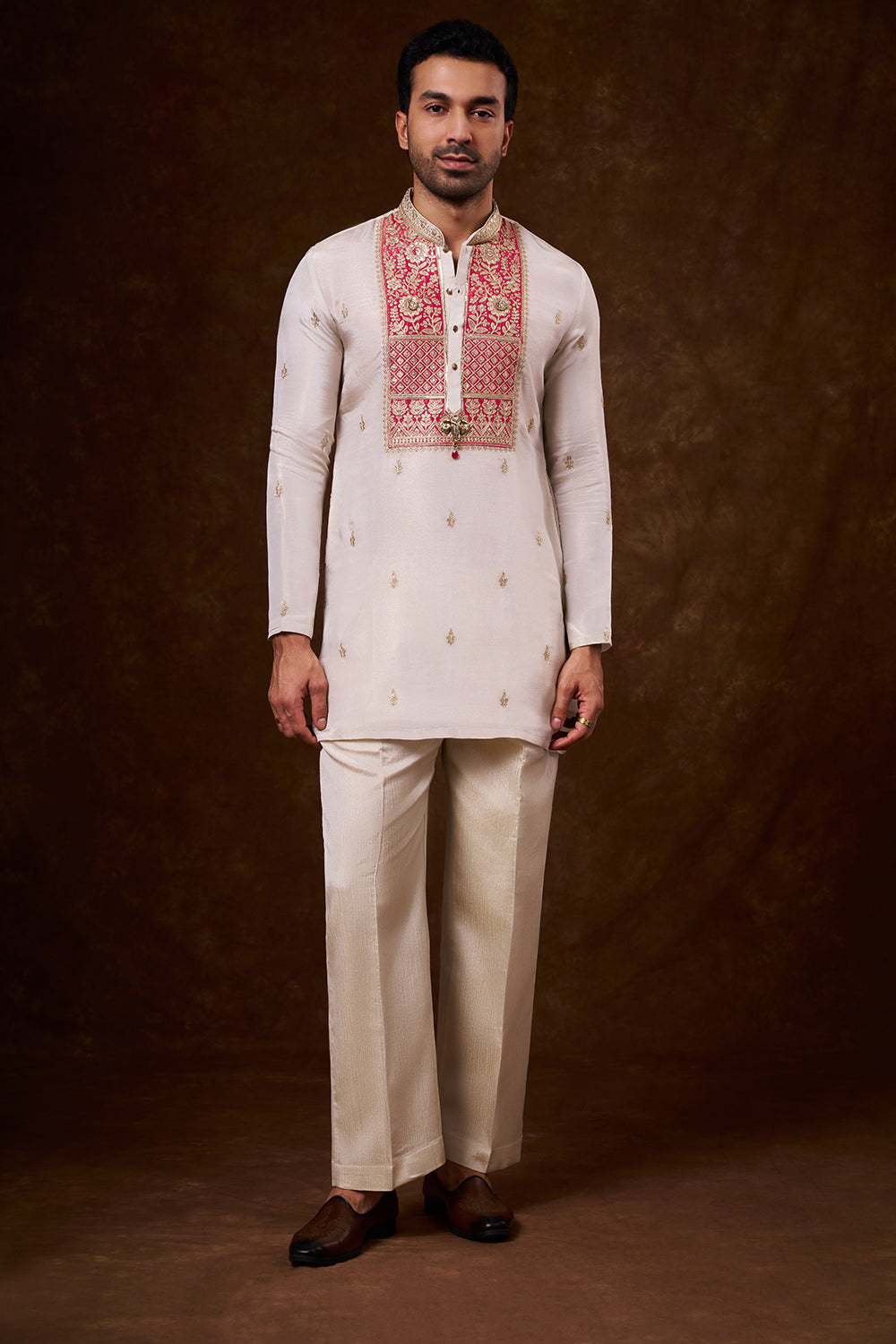 Ivory Shimmer Georgette Men's Kurta Set with Zari Work