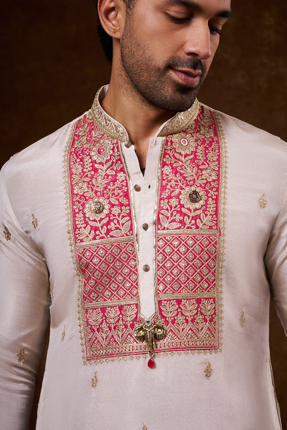 Ivory Shimmer Georgette Men's Kurta Set with Zari Work