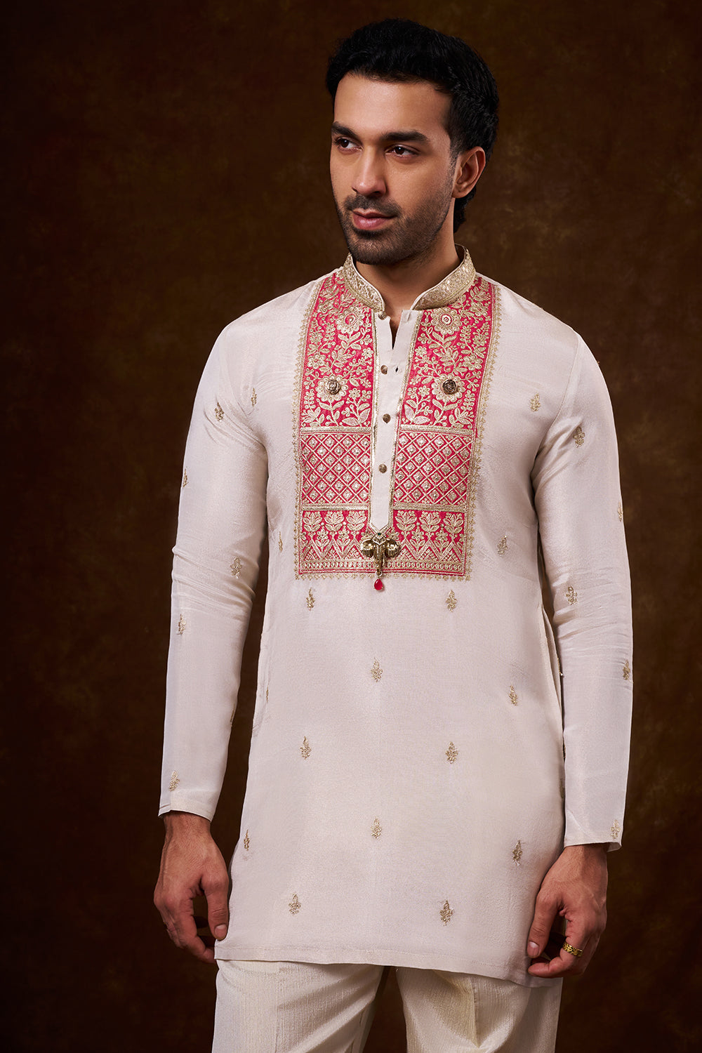 Ivory Shimmer Georgette Men's Kurta Set with Zari Work