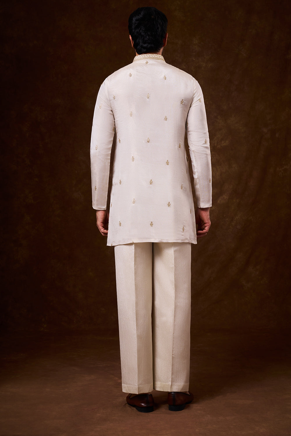 Ivory Shimmer Georgette Men's Kurta Set with Zari Work
