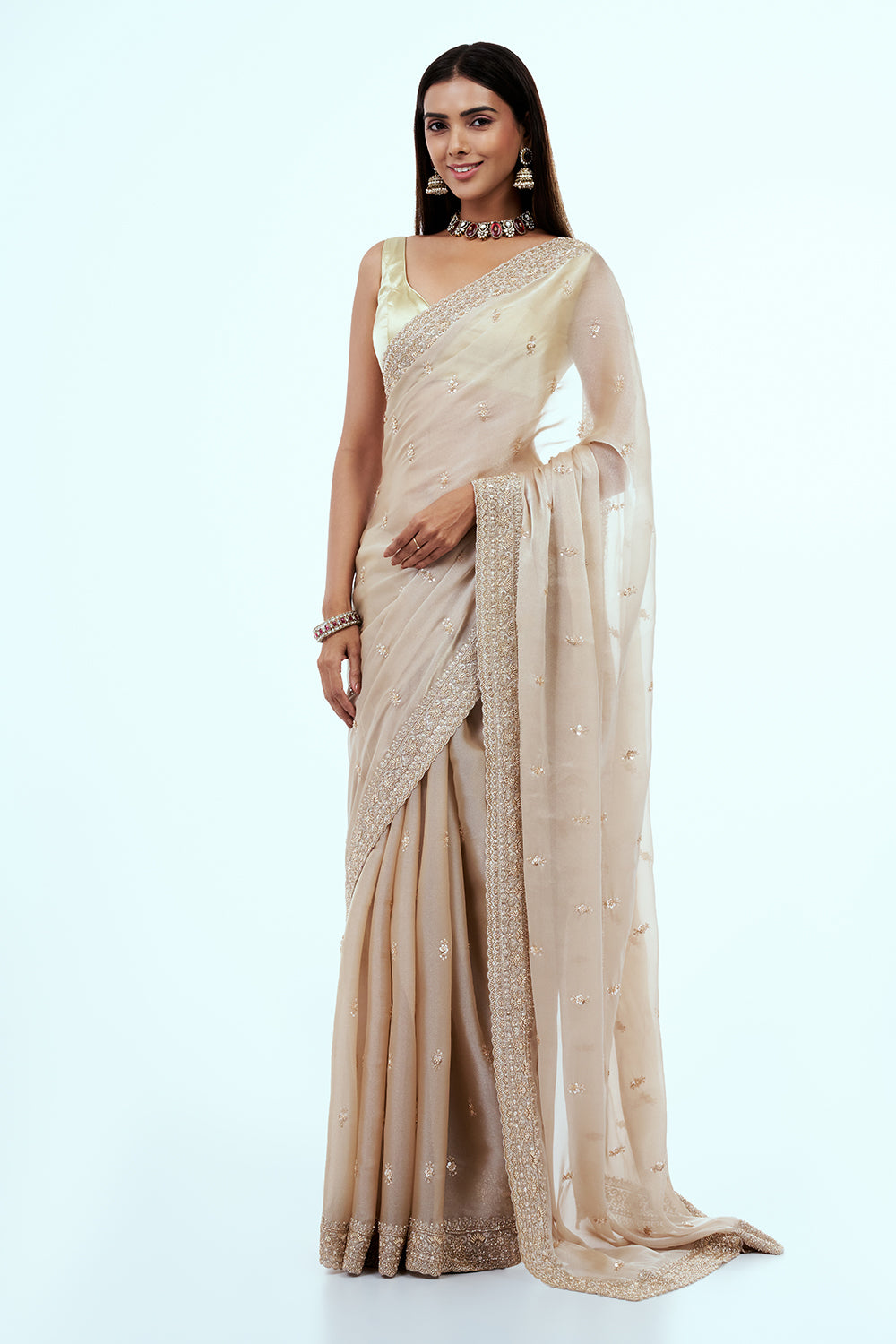 Ivory Shimmer Organza Embroidered Saree