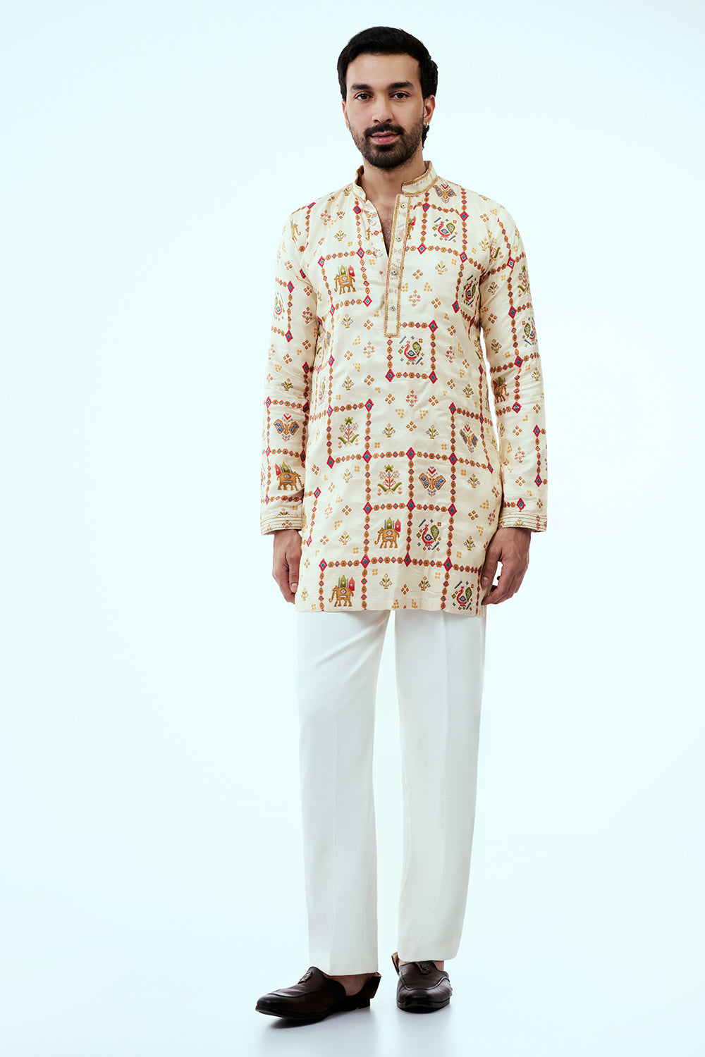 Ivory Silk Art Silk Patola Design Mens Kurta Set