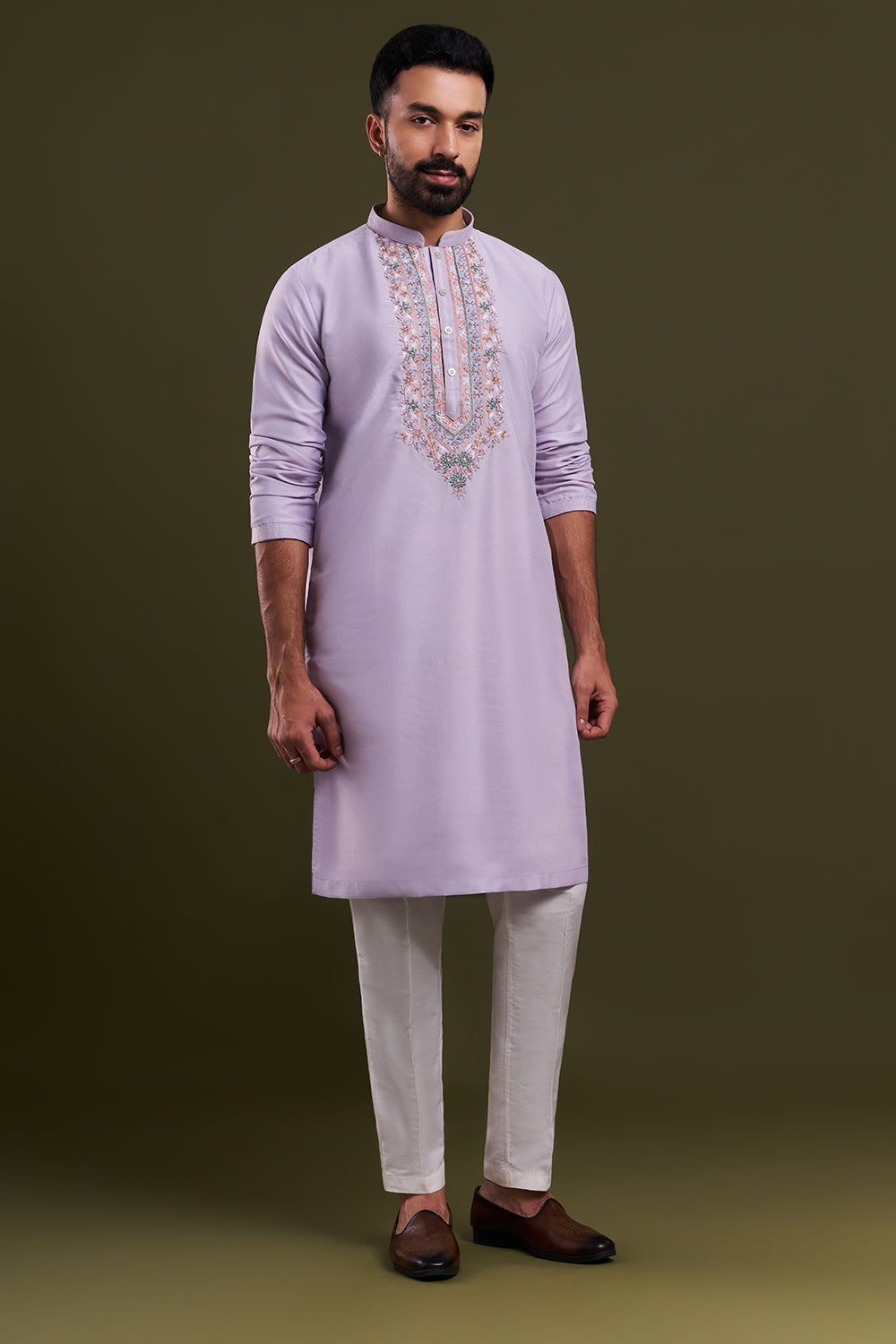 Lilac Silk Blend Embellished Men's Kurta Set