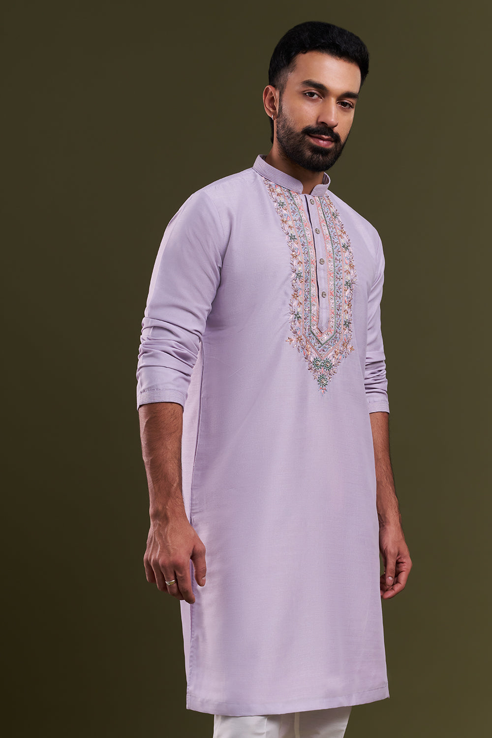 Lilac Silk Blend Embellished Men's Kurta Set