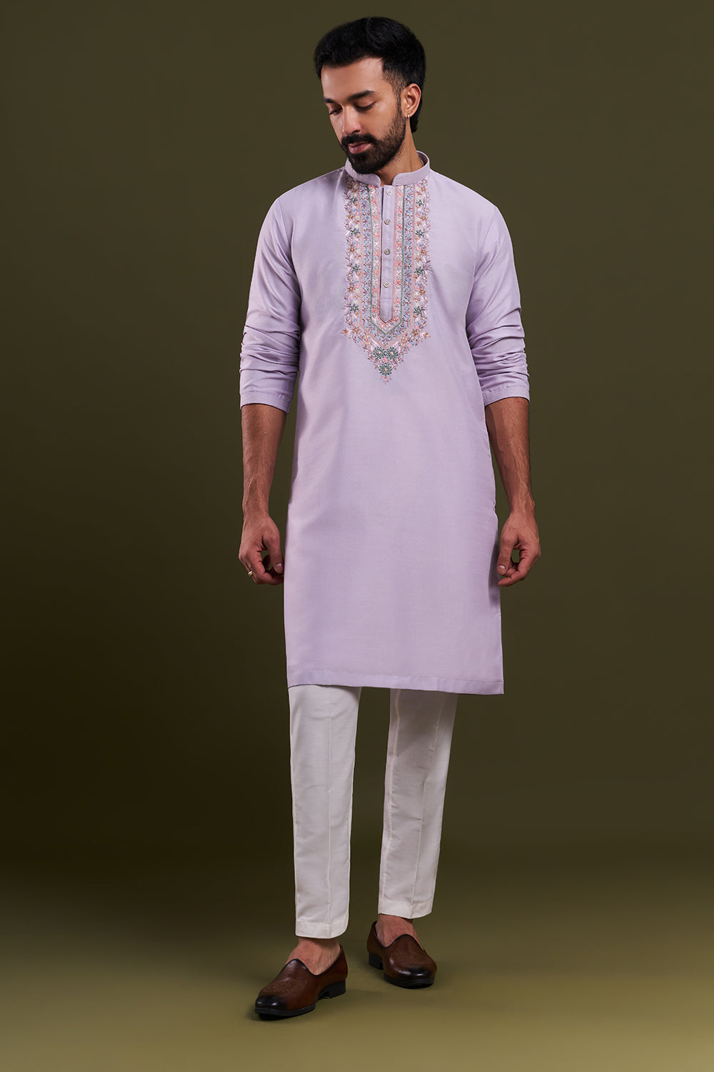 Lilac Silk Blend Embellished Men's Kurta Set
