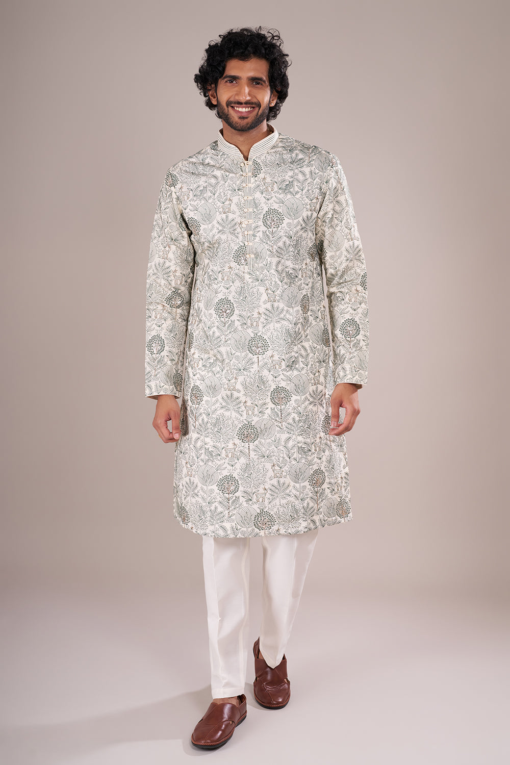 Ivory Silk Blend Men's Kurta Set with Forest-Inspired Threadwork