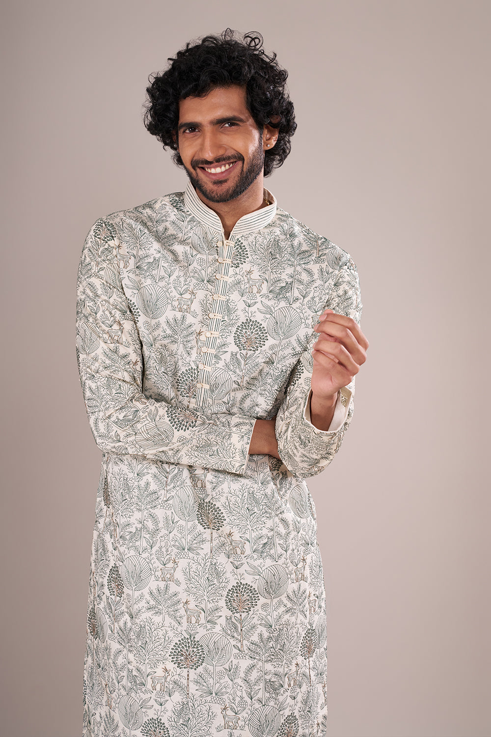 Ivory Silk Blend Men's Kurta Set with Forest-Inspired Threadwork