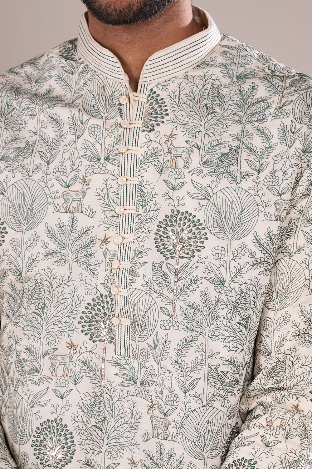 Ivory Silk Blend Men's Kurta Set with Forest-Inspired Threadwork