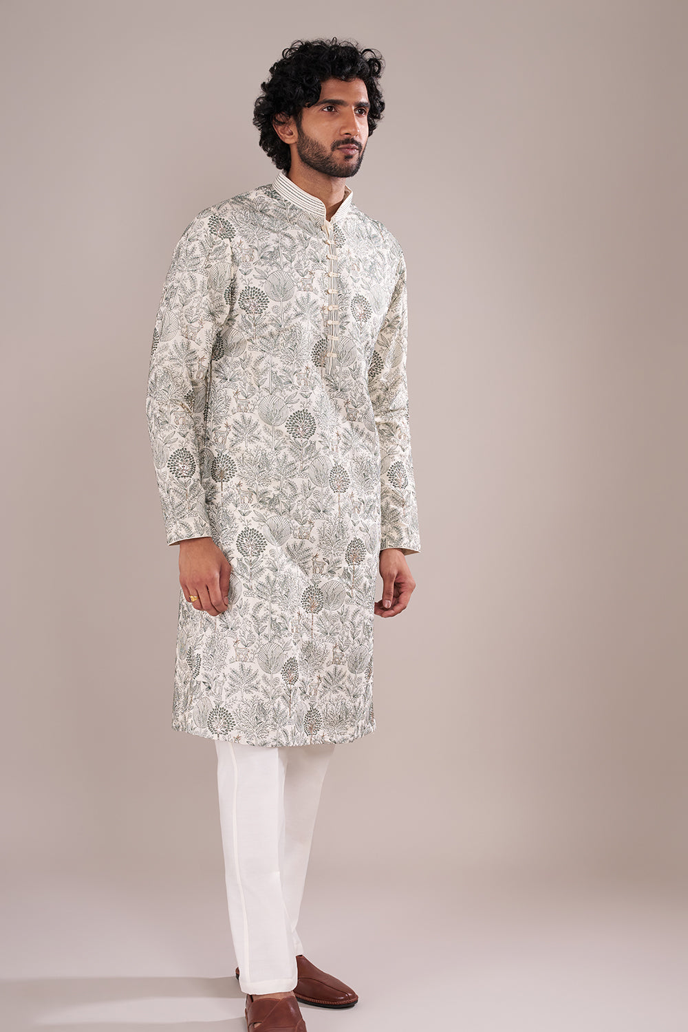 Ivory Silk Blend Men's Kurta Set with Forest-Inspired Threadwork