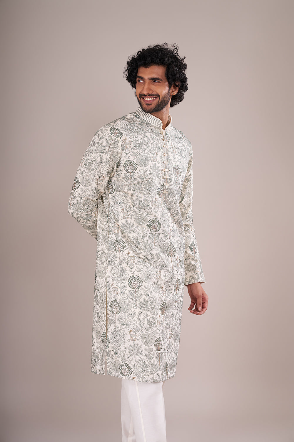 Ivory Silk Blend Men's Kurta Set with Forest-Inspired Threadwork