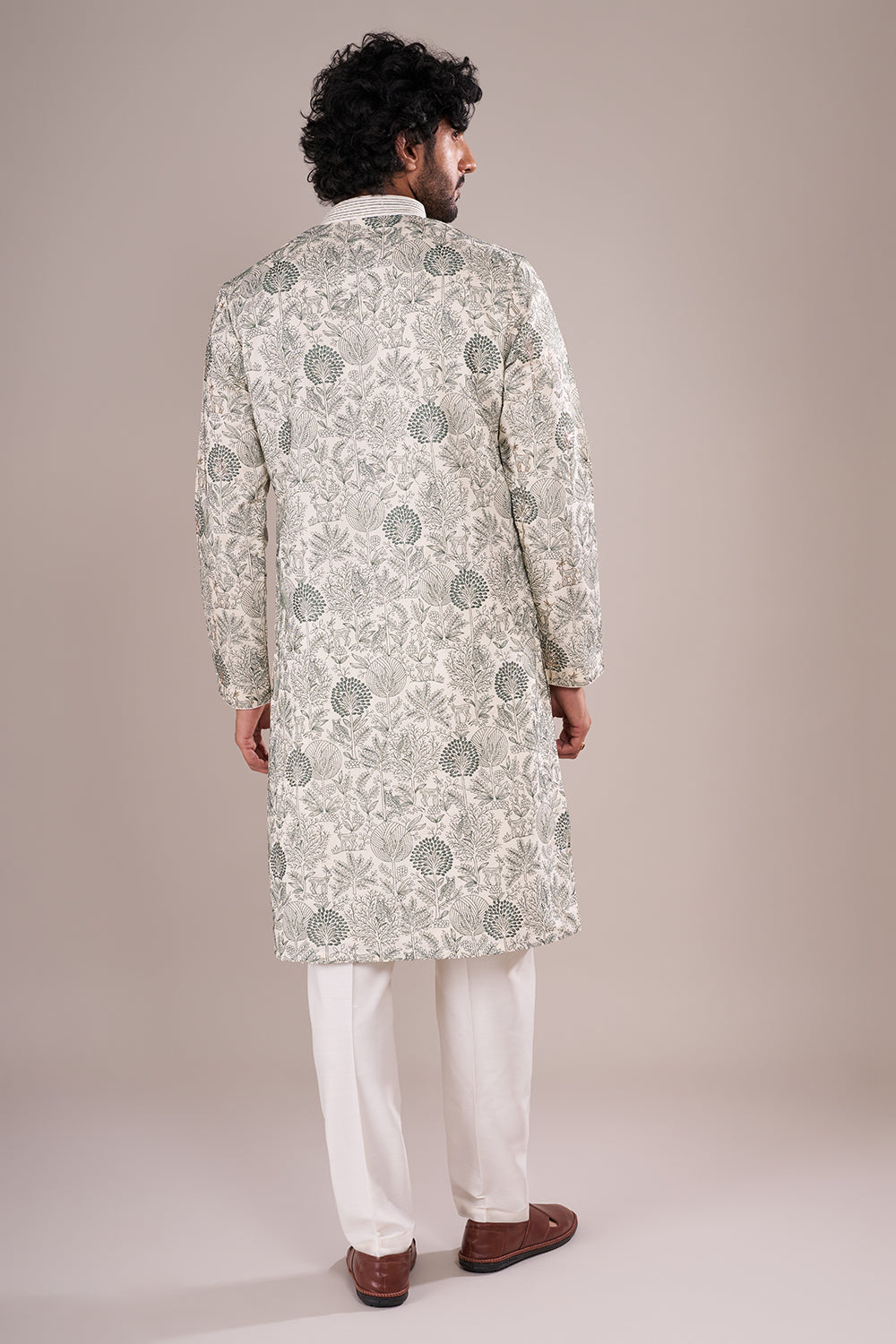 Ivory Silk Blend Men's Kurta Set with Forest-Inspired Threadwork
