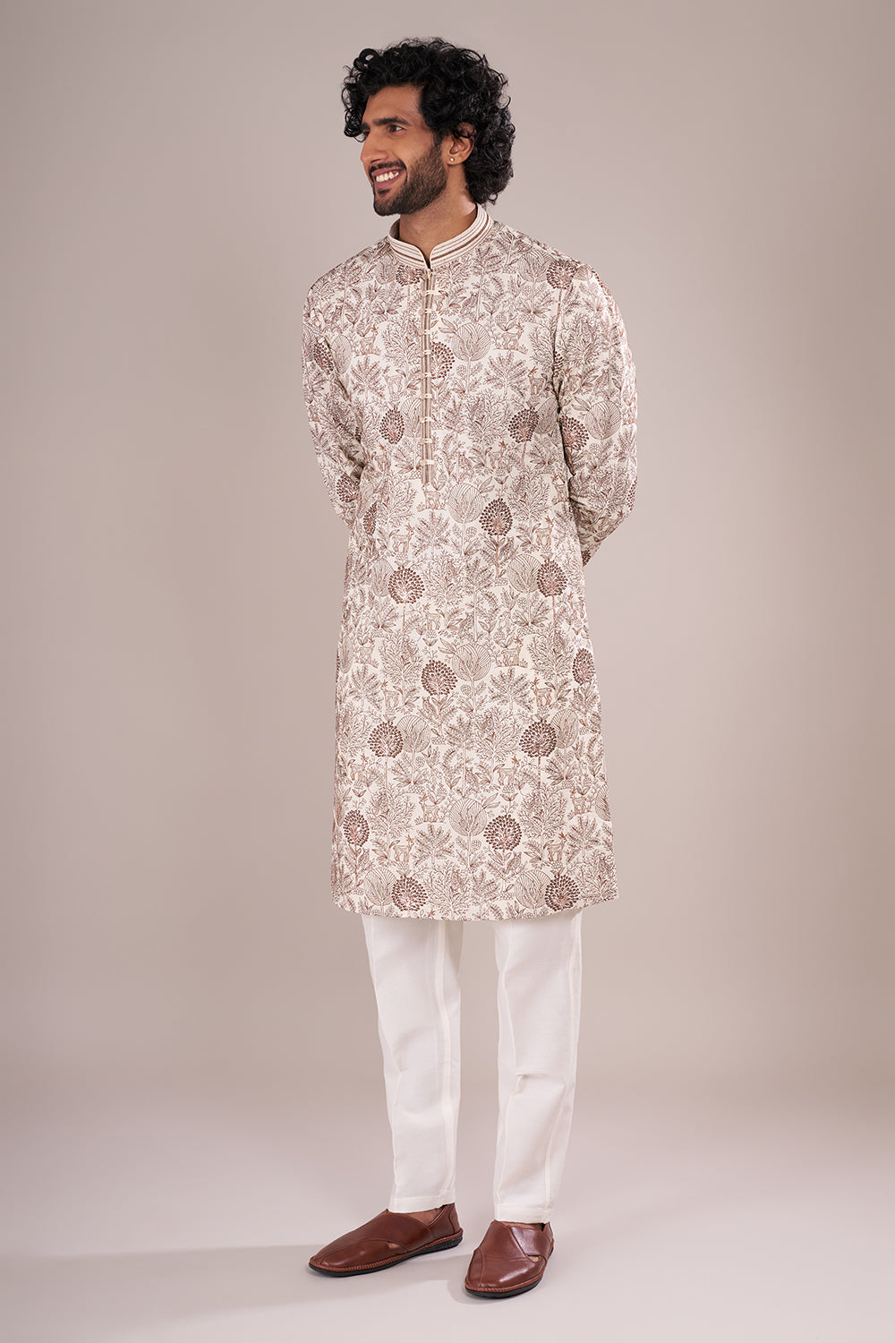 Ivory Silk Blend Men's Kurta Set with Nature-Inspired Threadwork