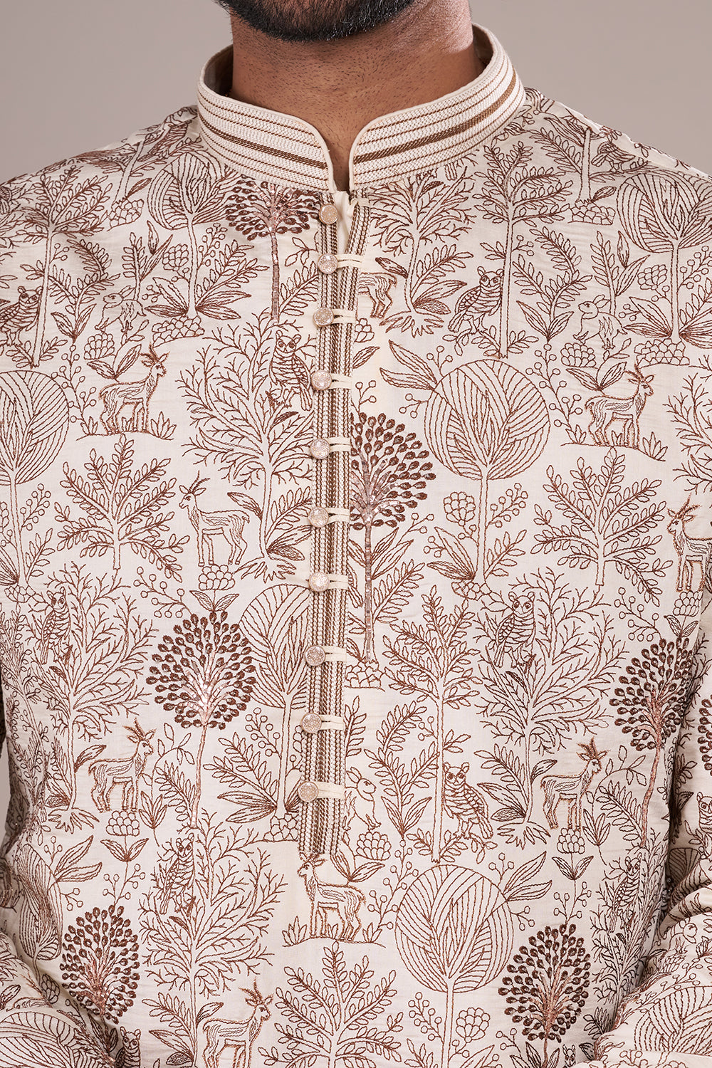 Ivory Silk Blend Men's Kurta Set with Nature-Inspired Threadwork