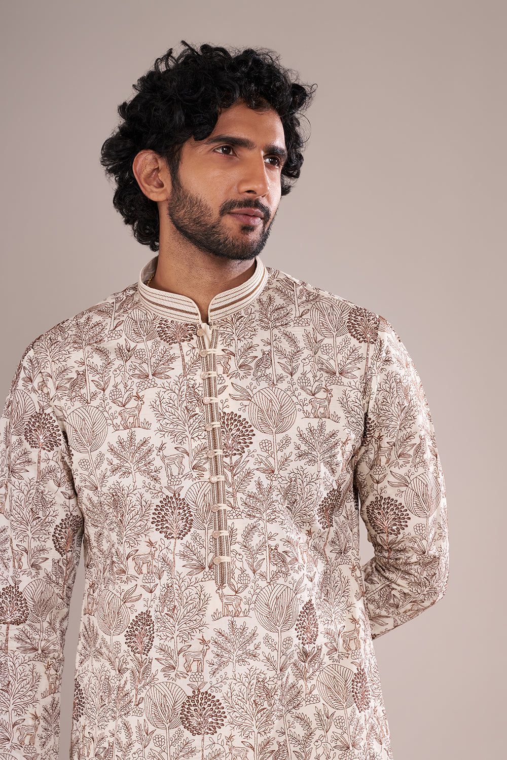 Ivory Silk Blend Men's Kurta Set with Nature-Inspired Threadwork