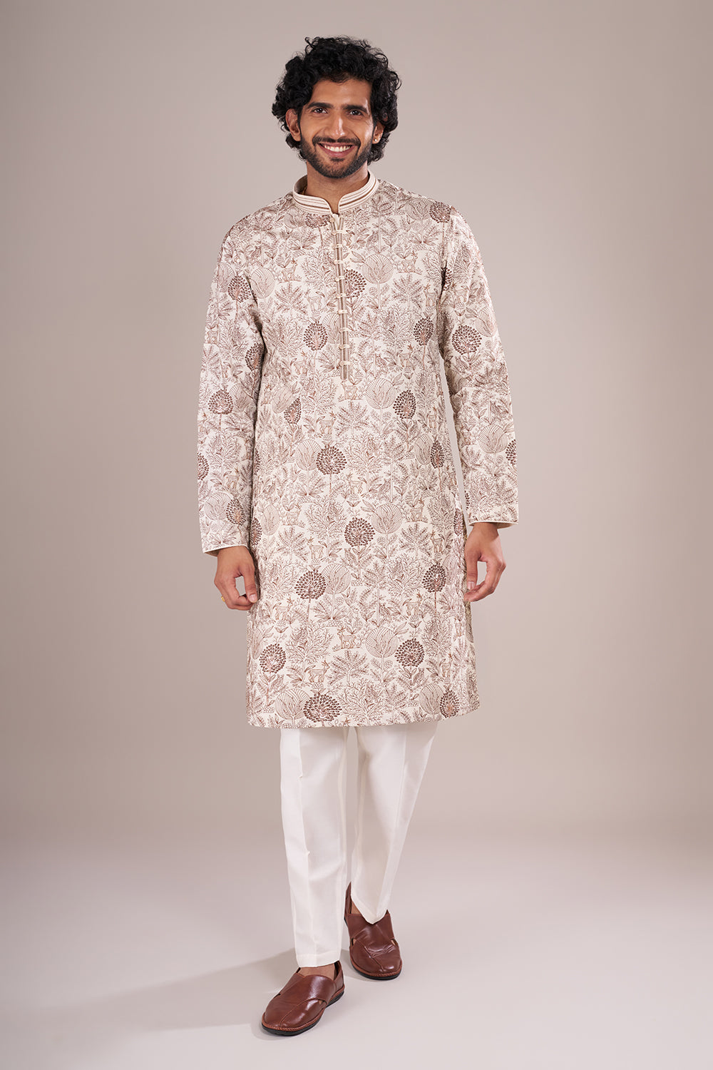Ivory Silk Blend Men's Kurta Set with Nature-Inspired Threadwork