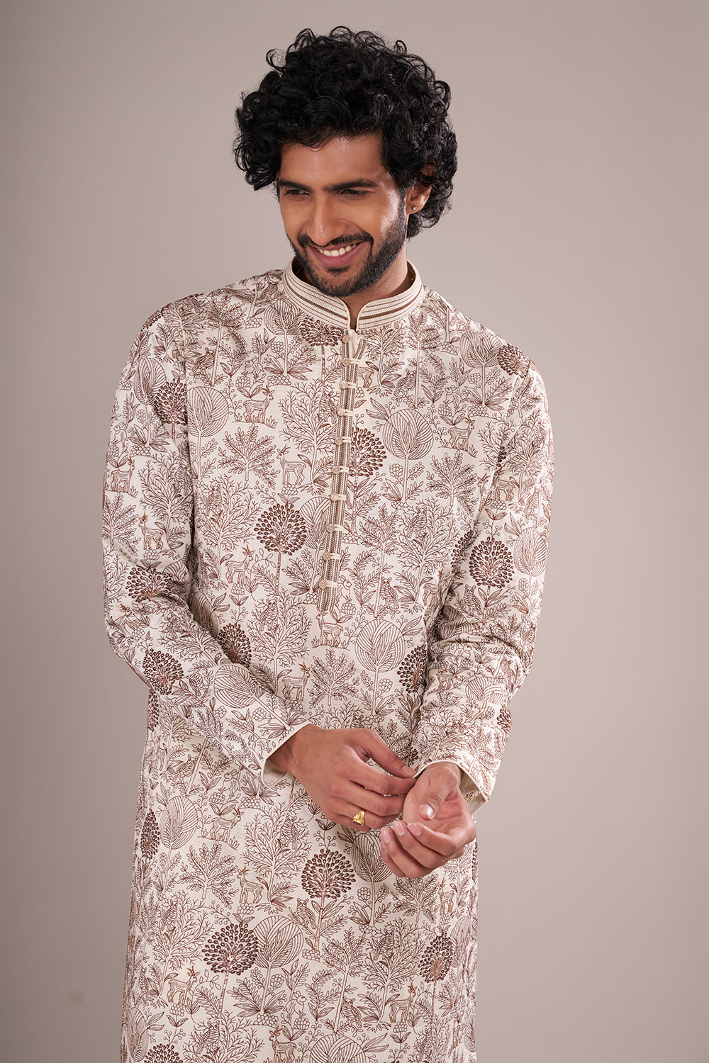 Ivory Silk Blend Men's Kurta Set with Nature-Inspired Threadwork