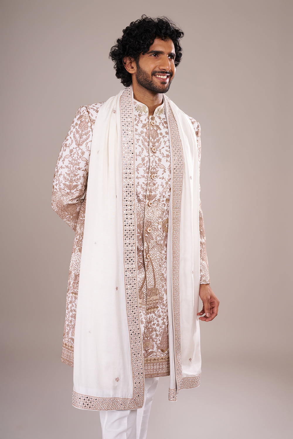 Ivory Silk Blend Men's Kurta Set with Zari Work