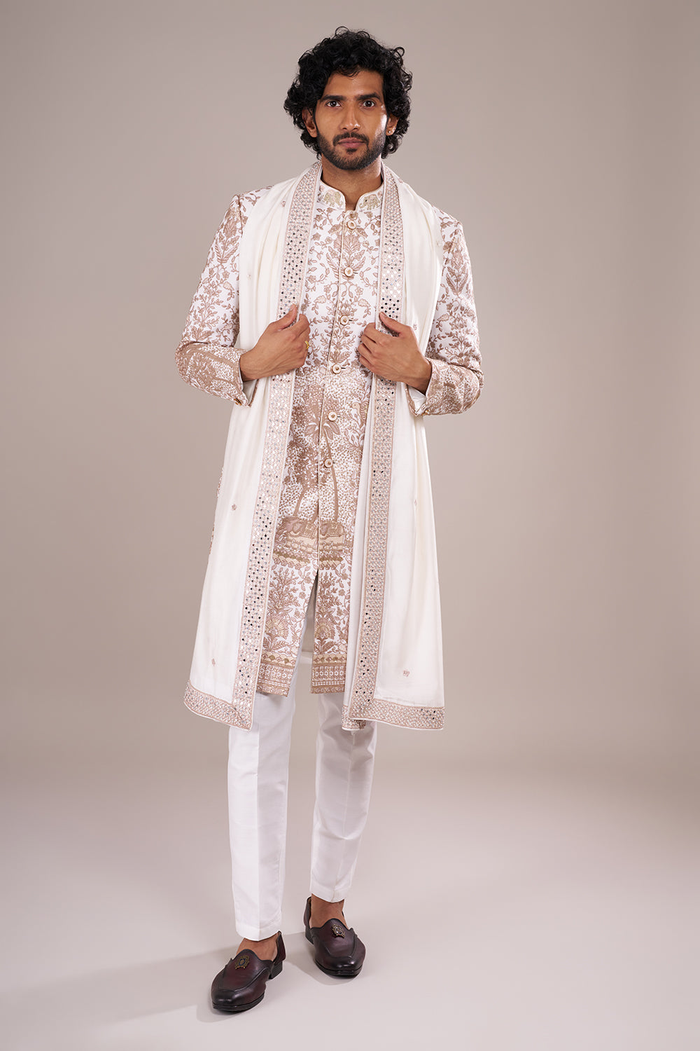 Ivory Silk Blend Men's Kurta Set with Zari Work