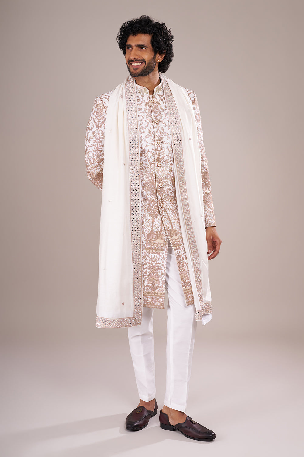 Ivory Silk Blend Men's Kurta Set with Zari Work